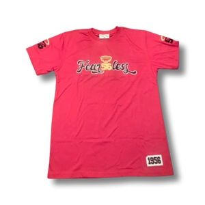 Pink Fearless56 shirt with logo stitched in cross chest area.